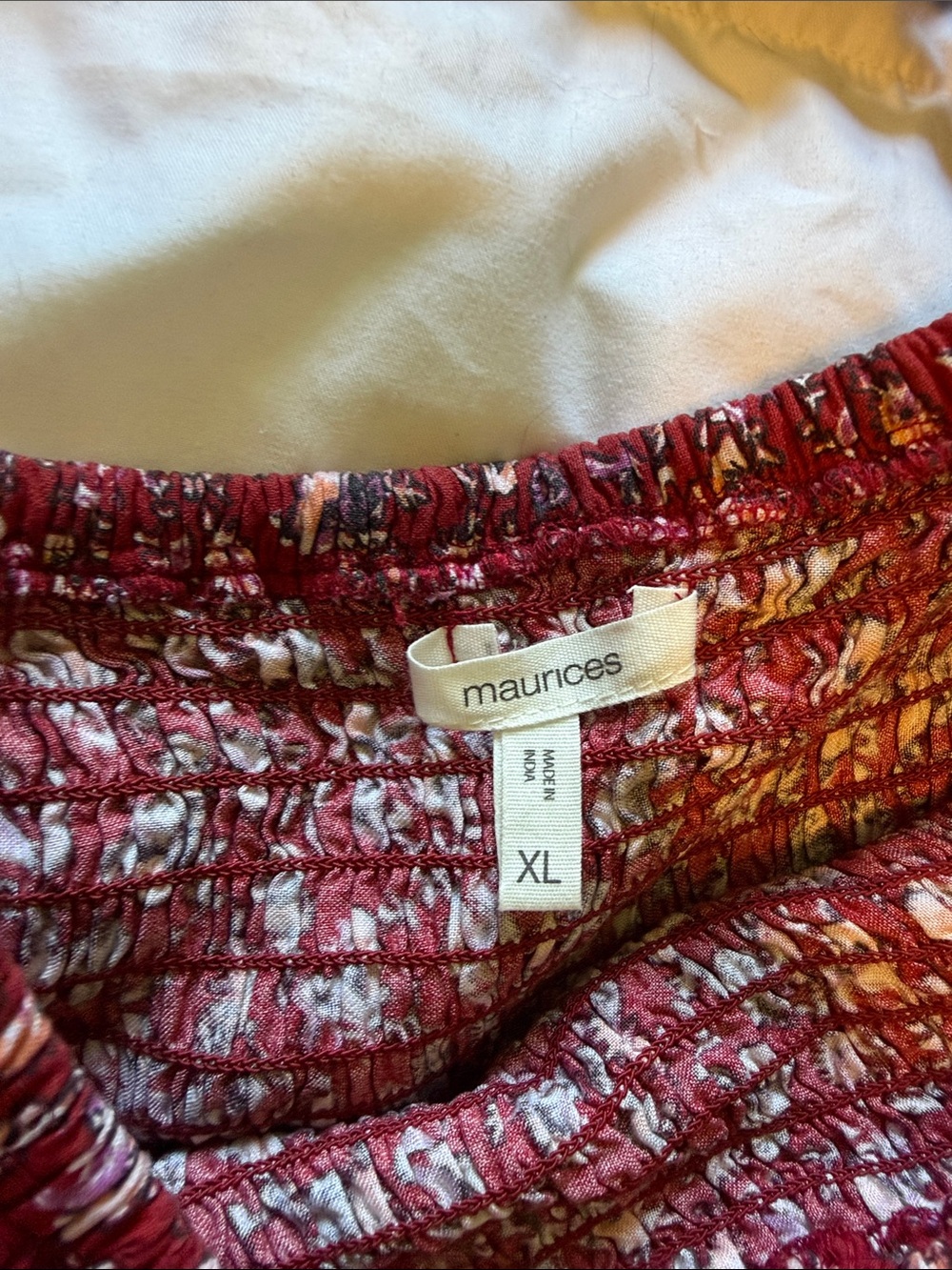 Maurices Red Floral Smocked Round-Neck Blouse with Paisley Border - Picture 2 of 7